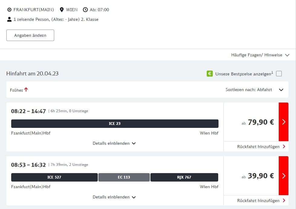DB Fahrkarte Frankfurt - Wien